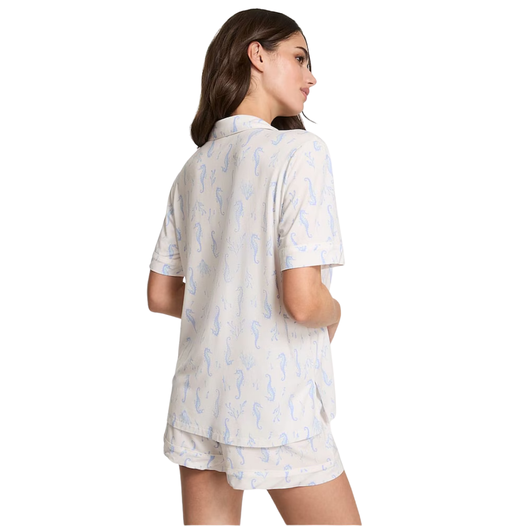 White & Blue Seahorse Modal Short Pijama Set (Conjunto De Pijama)
