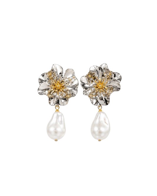 Aretes Flor Con Perla Colgante
